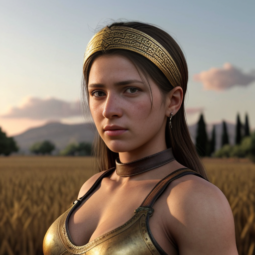 i would like an a ancient greek female fighter in clothes of 1821 of greece and lastly i want her to be happy and proud and at a distansce in a field