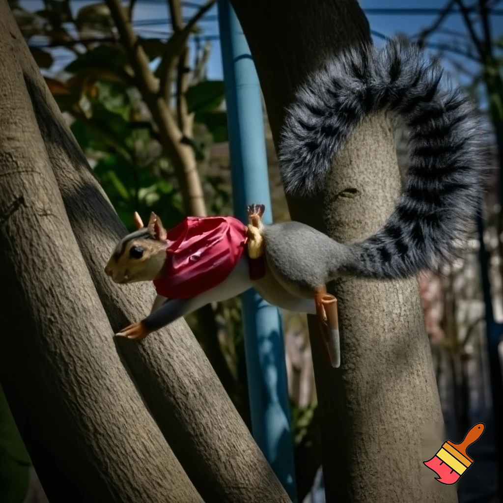 “Ardilla ágil llamada NuezNinja, con cola esponjosa de franjas plateadas, ojos brillantes y una bandana roja deshilachada. Está en un entorno urbano con árboles y cables eléctricos, saltando acrobáticamente entre ramas. Lleva un cinturón con pequeñas nueces especiales. Estilo dinámico, colorido, con sensación de movimiento y energía ninja.”
