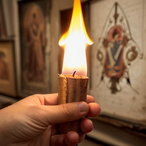 شعلة مضيئة تمسكها يد . و الخلفية مخطوطات قديمة
