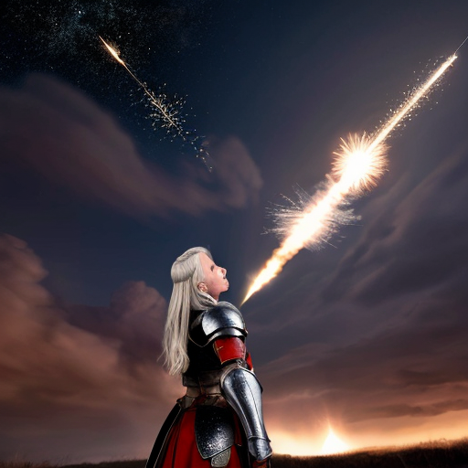 young white-haired woman in armor watches as meteorites fall on her castle