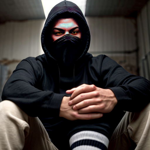 a guy in a black hoodie, wearing a black mask that covers his nose and mouth, wearing black sweaty dirty socks, showing the bottom of his socked foot, looming above the camera like a giant