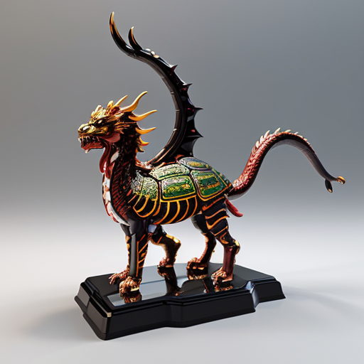 Chinese mythology hybrid creature, combination of five divine beasts: dragon, turtle, tiger, phoenix, qilin. Glossy PVC toy figure, polished plastic, highly detailed, shiny reflective surface, bright studio lighting, isolated white background, 3d render, product photography.