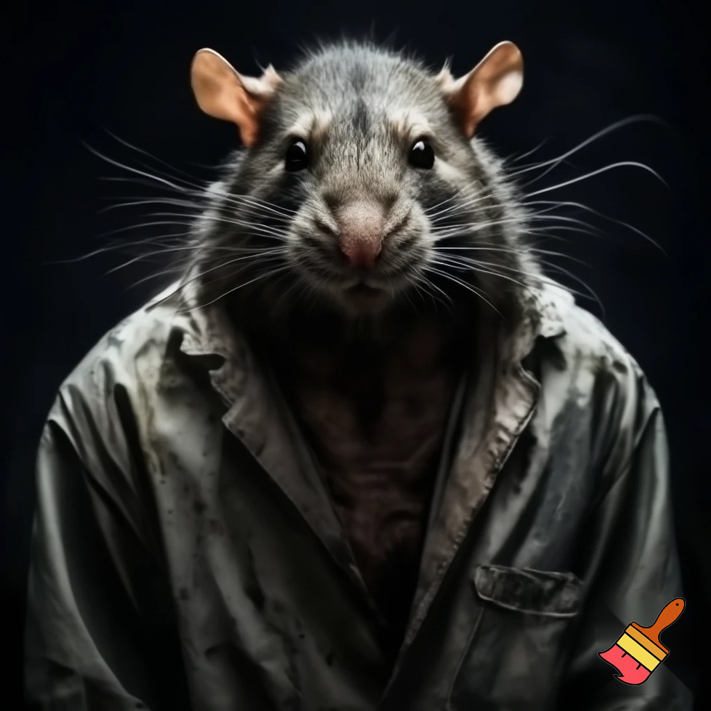 strong rat, evil, sinister, wearing prison outfit, mugshot style, no human


