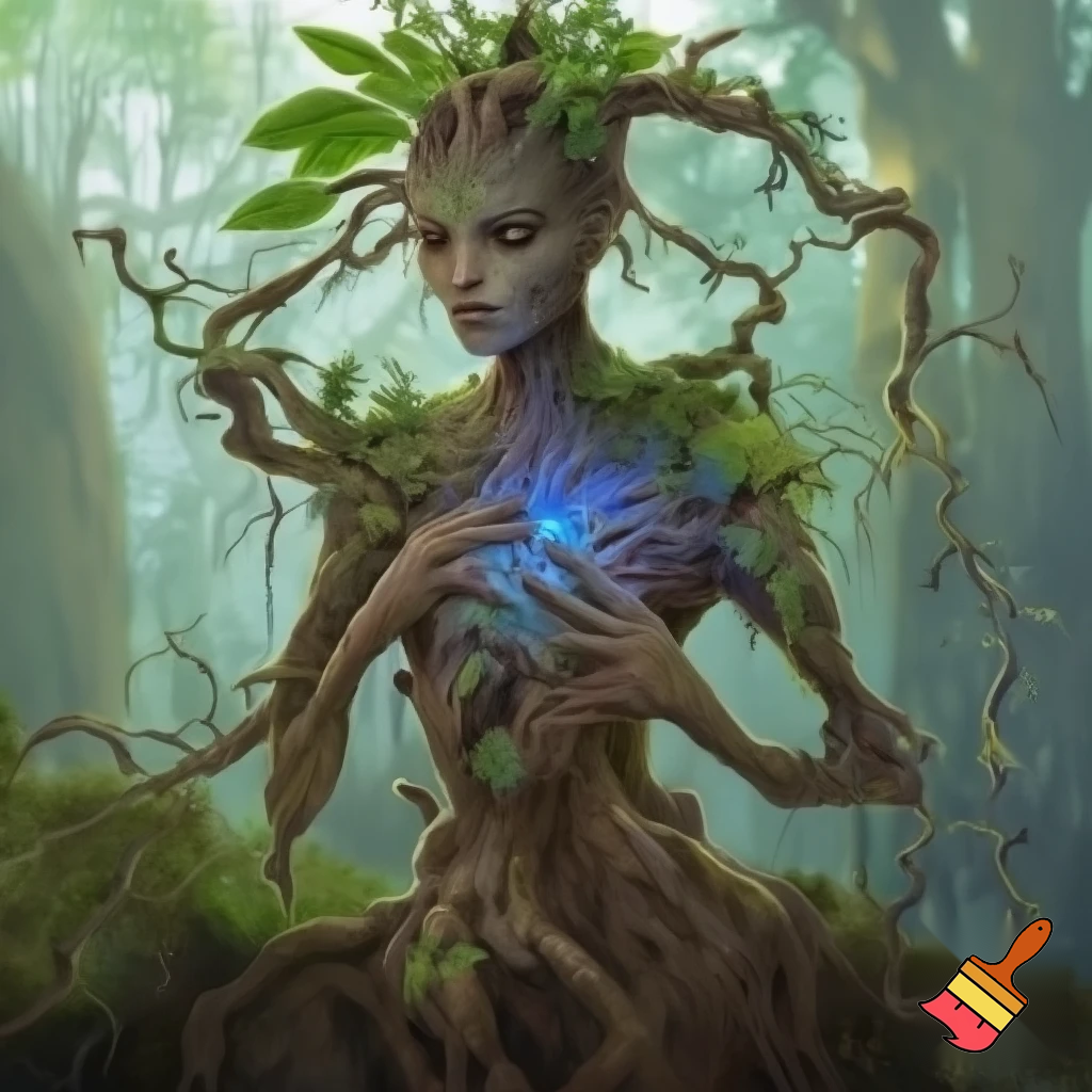 A tall, slender nature-creature made of living bark, flexible branches and shifting leaves that change color with emotion. A glowing blue flower grows on her chest, and her arms extend into long root-like fingers capable of stretching far. Her body has small sprouts, vines and soft moss growing across her shoulders. Her appearance mixes elegance with wild forest energy, calm but strong.