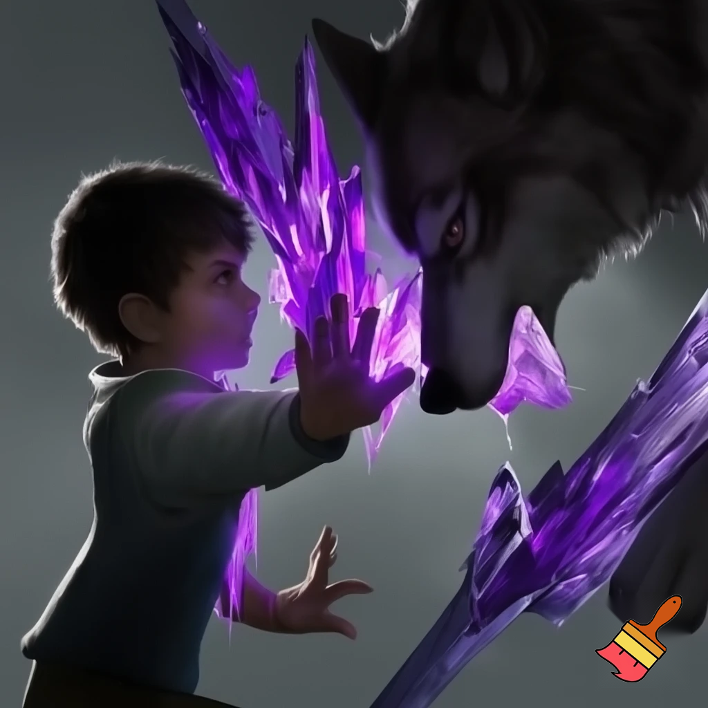 boy with his hand out to the right, purple tinted ice erupting from his hand and enveloping a wolf, realistic