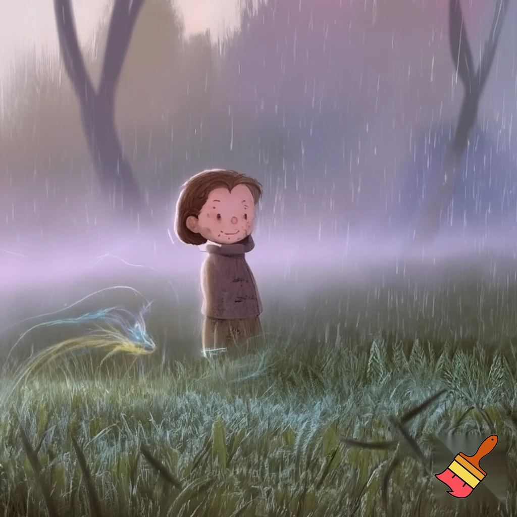 “Morning in the Mist”

A young girl named Sarah stands at the edge of a misty forest meadow on a rainy morning, coat buttoned to her chin. Beside her drifts a tiny glowing Fey, a spirit of light woven from wind and color. The scene feels calm, magical, and full of possibility; soft lighting, painterly children’s-book style, pastel palette, detailed fog and grass.
