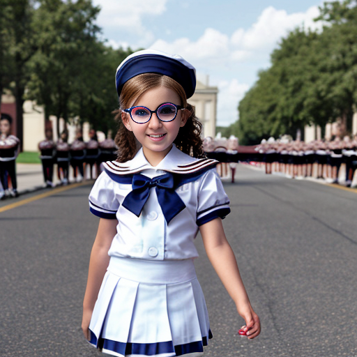 Cute adorable niña Chilindrina glasses con hair lazo curly con verano sailor uniforme escolar con zapatos negros escolar con calcetines blancos con sombrero sailor con grupal con caminar con desfile Estados Unidos América bandera con ciudad 47