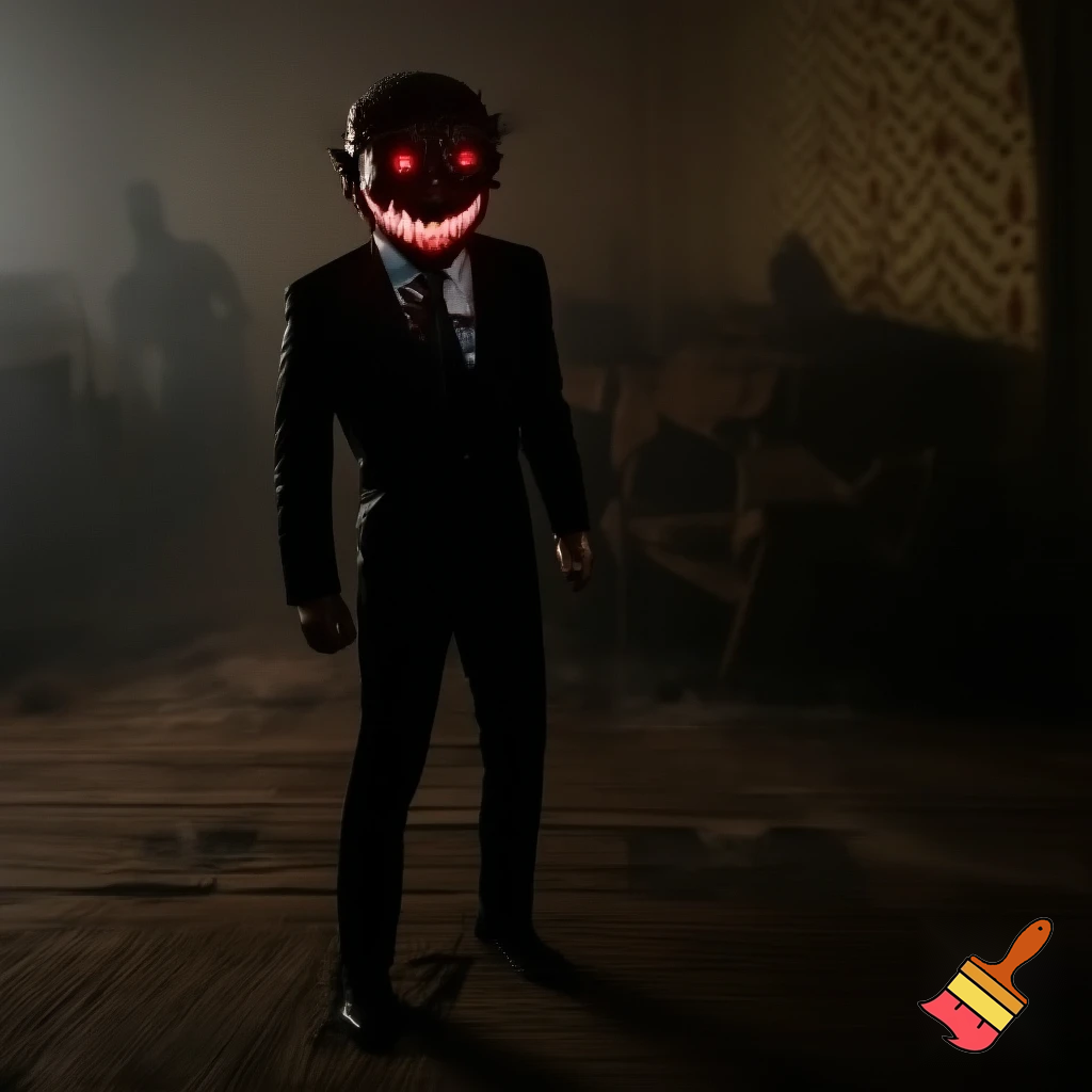 Give me a there for alastor that is creepy and spooky as possiblee with blood