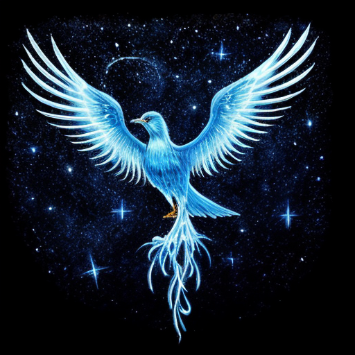 a magical spirit blue bird phoenix glowing and  transparent like smoke with a black starry night sky background