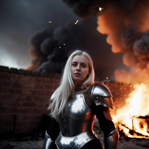 young, tall, white-haired woman in armor stands in front of a burning castle into which meteorites are falling.