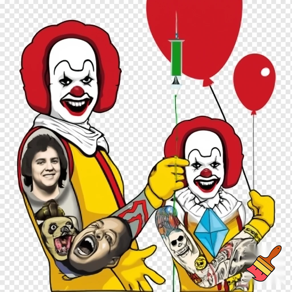 2D vector of Pennywise the clown dressed as Ronald McDonald. He has big red hair with a receding hairline. His smile should be a normal clown smile with a red nose. He is wearing a sleeveless top showing full arm sleeves of colourful traditional art tattoo's that include a pug, the Santa Cruz screaming hand, an axe, a caricature portrait of Kanye, barbed wire, skulls, a light blue diamond and a syringe with green fluid. Full length pose and holding a red balloon.
