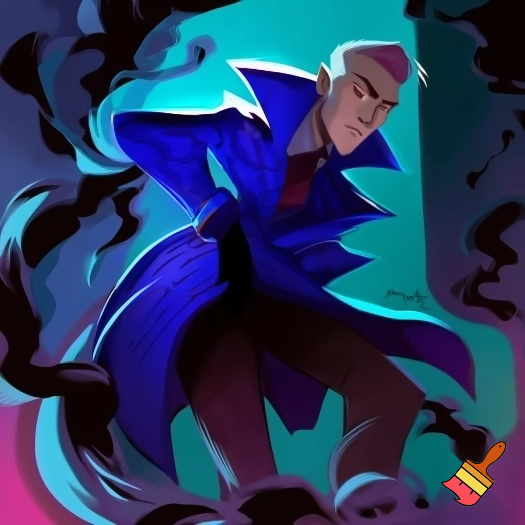 Percival from Vox Machina in the cartoon style of hazbin hotel wearing his signature blue overcoat with smoke curling around him