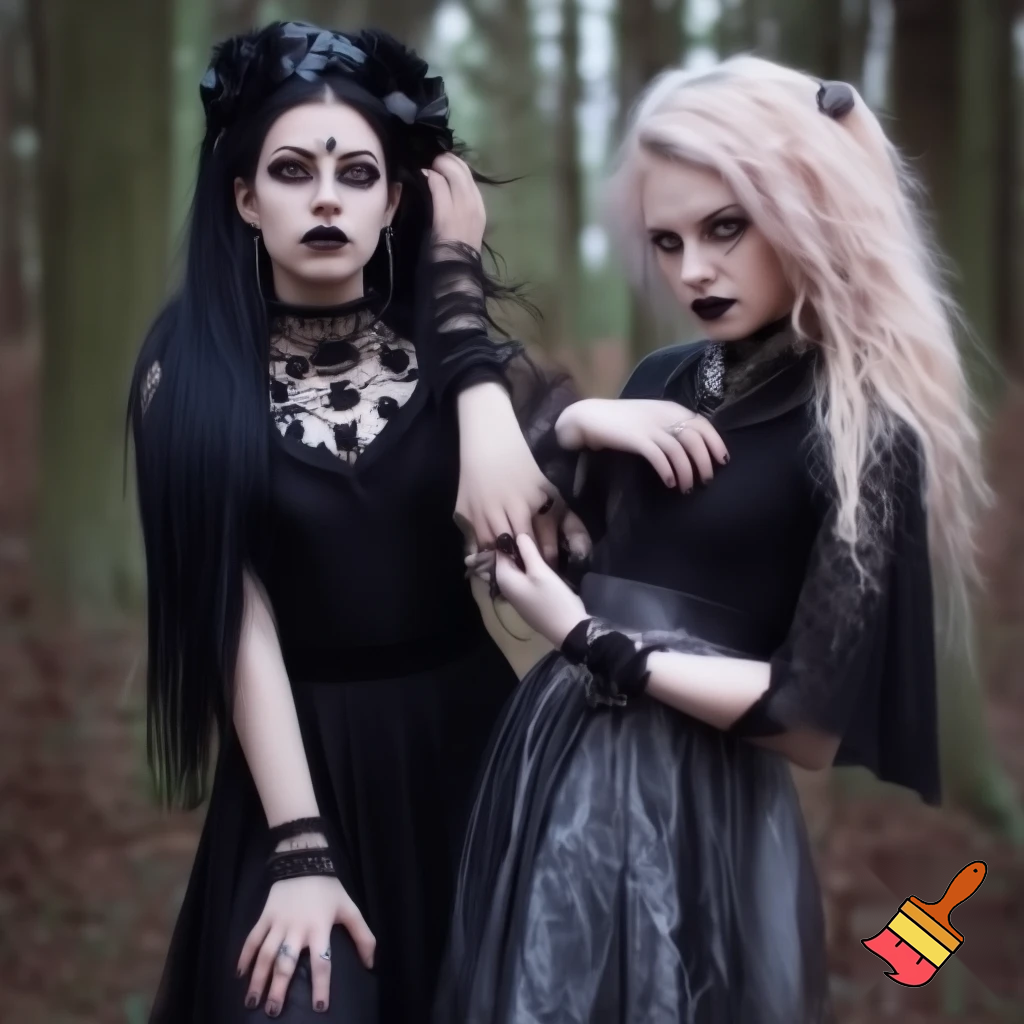 Two lesbian goth girls scissoring in the woods