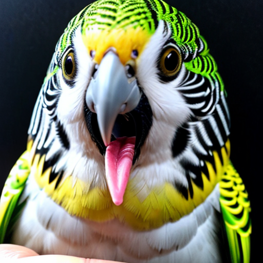 murray the budgie green with a yellow head, an a big toothy grin