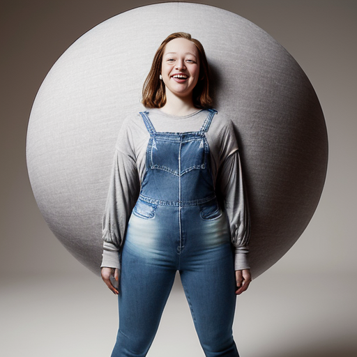 A woman, depicted as a spherical shape inflated like a balloon, is centrally positioned against a light gray background. She is of light complexion, and appears to be a young adult. She is wearing a light teal/grayish-blue, loose-fitting long-sleeved shirt, and dark-wash denim jeans. Her facial expression is slightly happy. Her body is exaggeratedly rounded, forming a sphere, with no visible definition of limbs except hands and feet. The style is surreal and comedic, with a digital or graphic manipulation aesthetic. The lighting is even and diffused, casting no strong shadows. The image is presented from a slightly high-angle perspective, emphasizing the exaggerated spherical form. The overall impression is one of visual humor and artistic distortion 