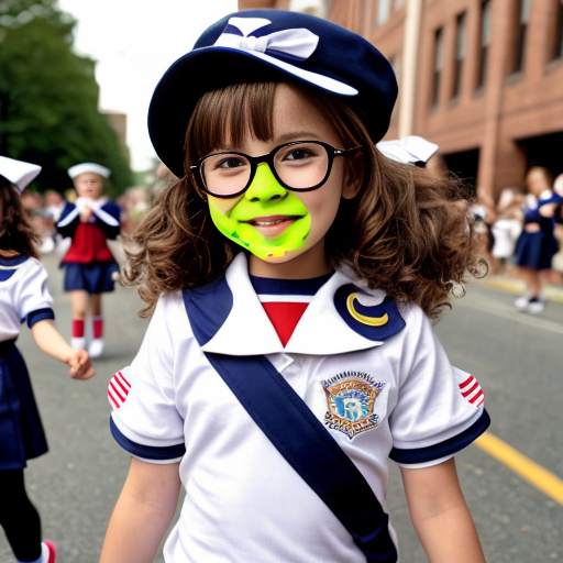 Cute adorable niña Chilindrina glasses con hair lazo curly con verano sailor uniforme escolar con zapatos negros escolar con calcetines blancos con sombrero sailor con grupal con caminar con desfile Estados Unidos América bandera con ciudad 34