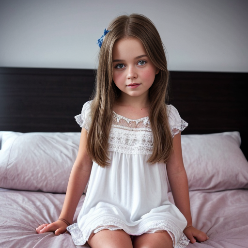 swedish little girl, long brunette hair, night dress, on the bedroom