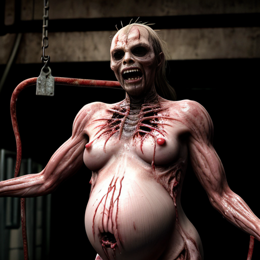 Ultra-photorealistic industrial body horror scene, grim human slaughterhouse factory, blood-drenched conveyor belt carrying flayed naked human corpses in various states of mutilation and decay, exposed glistening muscle, viscera spilling, workers in gore-soaked overalls processing bodies like livestock, meat hooks with dangling torsos, cold fluorescent lights, rusty pipes, inspired by Cronenberg The Fly and Texas Chain Saw Massacre, pregnant corpses birthing grotesque hybrids on the line.., visceral practical effects style, hyper-detailed wet textures, subsurface scattering on flesh and blood, cinematic dread, 8k raw photo --ar 3:4 --stylize 0