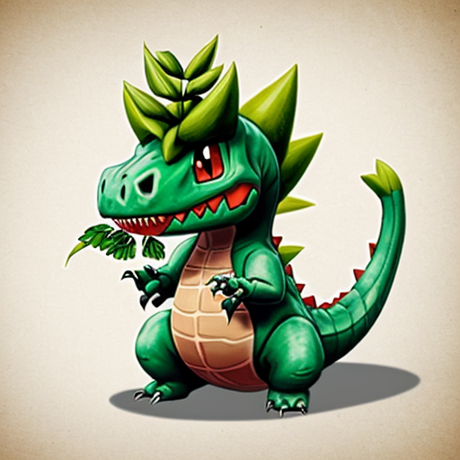 Faz um pokémon dinossauro adolescente dos tipos planta e lutador, faz ele com uma folhinha na cabeça e um pouco inspirada no charmeleon