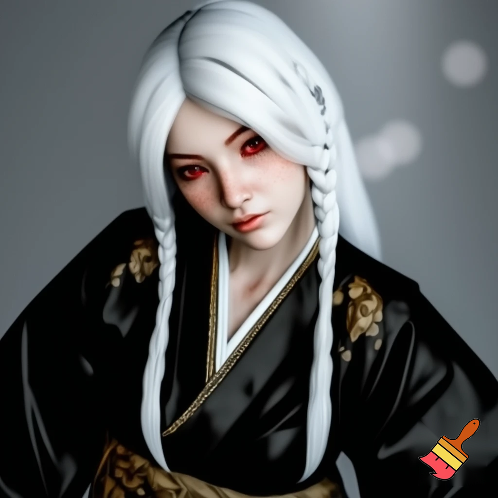 anime girl with white hair and red eyes and cultural japonese clothes black