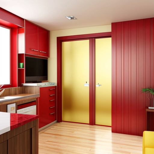 generate an interior picture of a room , 
commercial premises, with a 2.5-meter-long and 2.7-meter-high wall on the left, with 5 4-centimeter-wide pecan-colored boards on the left and right edges of the wall, and black wallpaper with gold-colored thin stripes in between. There is also a 60-centimeter-wide and 2-meter-high decorative panel with a floral pattern, and a 60-centimeter-wide and 2-meter-high mirror. the second wall begins with 50 cm of 4 cm wide pecked walnut-colored slats, followed by a 1.80 m long and 1.3 m high counter with a glass in the middle that is illuminated from the inside with yellow light, then 90 cm of slats that are pecked at regular intervals, and the wall ends with a door that matches the color of the counter. The third wall is covered with decorative plaster. Design this room in a modern and stylish manner.