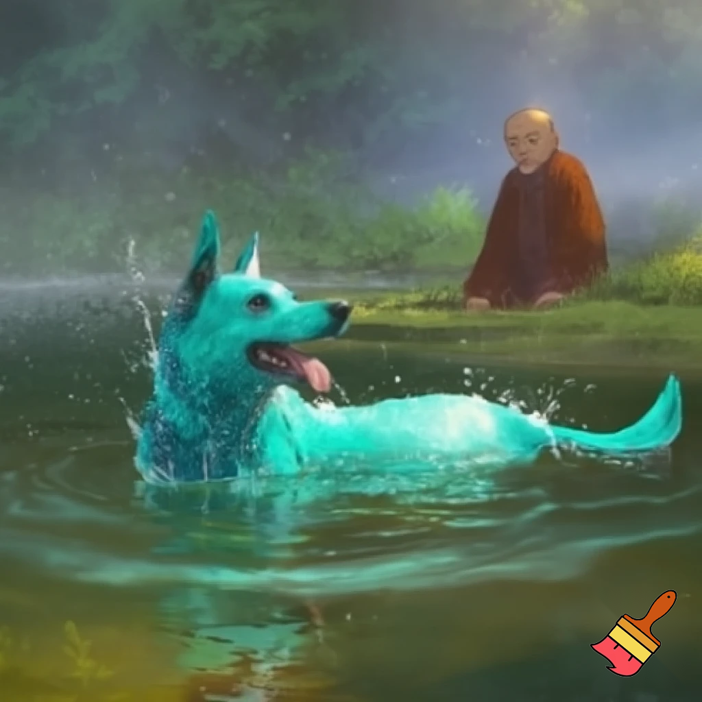 immagine di un perro de aqua in uno stagno con nil padrone che lo osserva da una sponda
