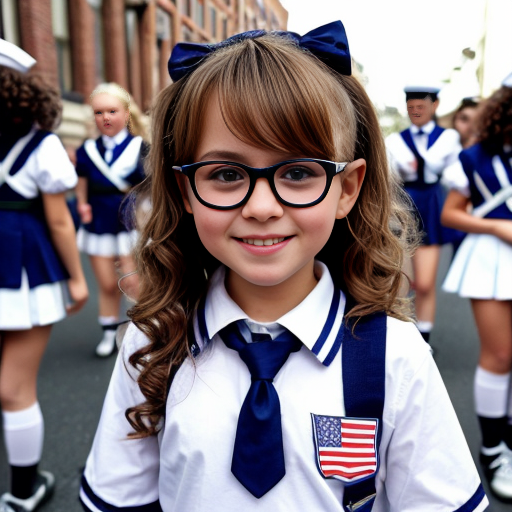 Cute adorable niña Chilindrina glasses con hair lazo curly Blonde con sailor uniforme escolar con zapatos negros escolar con calcetines blancos con Estados Unidos América bandera con desfile con ciudad 5