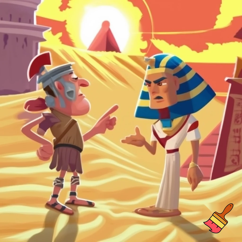 standing on sand dunes, bright desert sun, border between Rome and Egypt, comedic tone, cartoon style, both standing and facing each other.