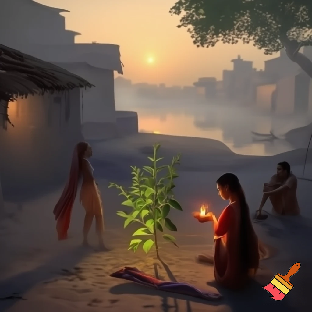 Early morning Indian village near Ganga river, small mud houses, tulsi plant in courtyard, women sweeping and lighting diya, soft sunrise light, peaceful spiritual aura, realism, cinematic tone.