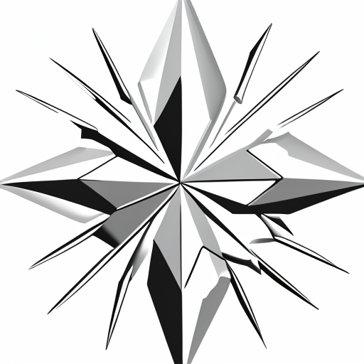 Six-sided crystalline snowflake line drawing with fractal geometry in b&w