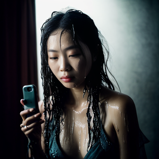 A dreamlike, intimate snapshot aesthetic photo. A stunning网红 (influencer) with an innocent, cute expression, kneeling on the floor in front of a full-length mirror in a dimly lit room. Her long hair and sheer, tattered wet gauze scarf cling to her skin, soaked through. Her skin glistens with water droplets. She playfully makes a peace sign near her face while holding her phone, which has its flash on, capturing the moment in the mirror. The composition is slightly chaotic and mundane, with a motion blur from a slow shutter speed. The scene is平凡 (ordinary) yet sensual, dominated by the harsh, direct light of the phone flash creating a朦胧 (hazy) and梦幻 (dreamlike) atmosphere. 9:16.