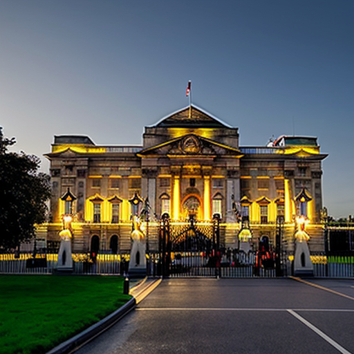 Buckingham palace but the building is yellow and rubbery in appearence, similar to a rubber duck. The building itself has duck like features such as a bill. This image will not include actual ducks but the building itself has a ducklike appearence