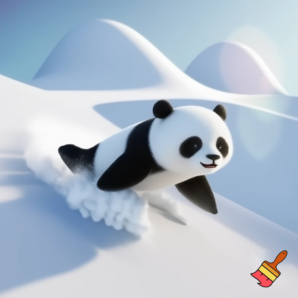 Penguin with a panda head sliding on the snow

