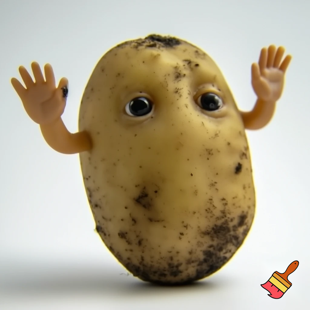 a potato having eyes and hands saying cheese
