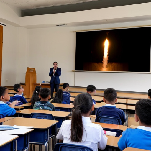 Students watched a recording of the speech delivered at a school assembly in Abu Dhabi.
•	The speaker begins in a calm voice and pauses briefly before the word “future.”
•	When he says “the potential of our youth,” he raises his voice for emphasis.
•	He points toward the students sitting in front of him and smiles.
•	A large screen behind him shows images of rockets launching and students studying in classrooms.
•	The audience begins clapping before the speech ends, and the speaker nods in response.
