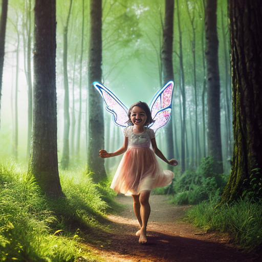 A magical lush green forest with sunlight filtering through tall trees, sparkling fairy dust in the air, chirping birds, and a small fairy named Laila flying with glowing wings, looking excited and curious. Soft magical atmosphere, cinematic wide shot, colorful and bright.