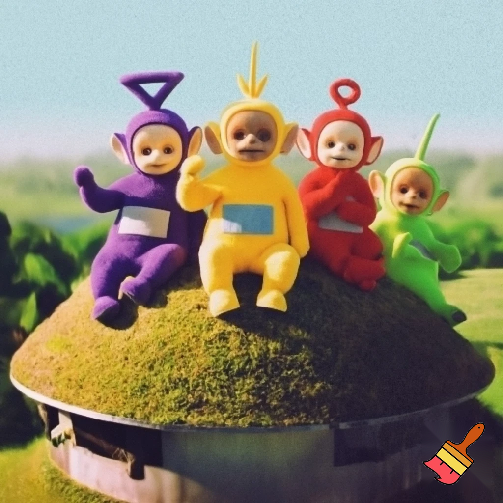 Teletubbies in 1997 sitting on top of their house