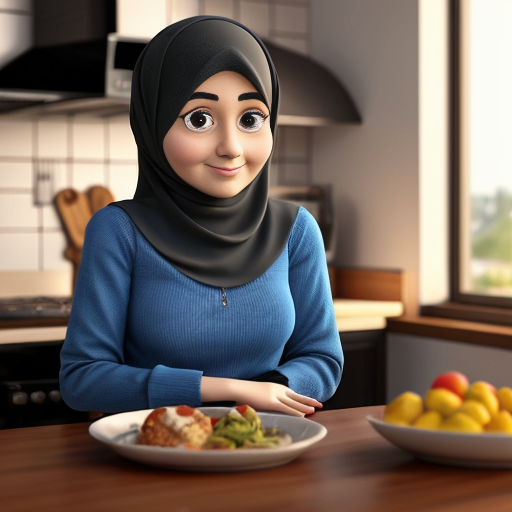 Мультяшный 3D стиль Pixar, упрощённые мультяшные черты, яркие дружелюбные цвета, уютная кухня. Мусульманская мама 35-40 лет, полностью покрыта голубым платьем, которая не выделяет широкое платье,сделай акцент на широком платье чтобы ничего не облегало округлое мультяшное лицо, большие простые глаза, готовит на плите. Сын, 20 лет, синяя толстовка, чёрные джинсы, короткая мусульманская причёска, мультяшное лицо, большие выразительные глаза, сидит за столом. Постоянный персонаж, одинаковая одежда и причёска, повторяемый дизайн персонажа, кинематографическое освещени.