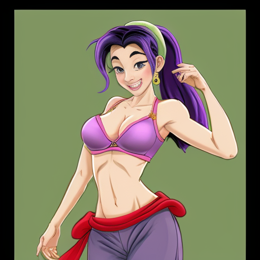 90's disney's 2d aladdin style comic dark black background and panels of 
panel 1 purple haired Ponytail shantae with red harem pants and red bra and red curved slippers with both hand palms place together and hiding the bottom of her mouth with a red veil wrapped around her arms and shoulders. 
panel 2 she danced with red harem pants with red bra and red curved slippers and red veil wrapped around her arms and shoulders and raising legs and bounced up and down her belly and shook her hips left and right. 
panel 3 as Shantae with red harem pants and red bra and curved red slippers spreading her arms, happily revealing her face to the viewer and giving a smile as she turns around shook her butt left and right. Panel 4 as purple haired Ponytail shantae with red harem pants and red bra and red curved slippers started to fading away , except her belly, which is bouncing around. 
Panel 5 then the ball transforms into the fading in belly of green haired Ponytail shantae with light green skin and green harem pants and green bra and green curved slippers and green veil wrapped around her arms and shoulders with her swaying her hips. 
Panel 6 green haired Ponytail shantae with light green skin and purple harem pants and green bra and green curved slippers and green veil wrapped around her arms and shoulders and with her hand palms place together between her chest and she gives a smile and winking her left eye. 