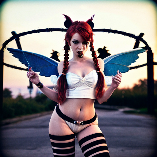 Disney style Tinkerbell, punk rock, thigh high socks black white striped, barbed wire wings, smoking a cigarette , 2 pigtails top of head, red hair 