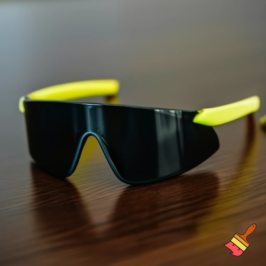 black tinted sport sunglasses on a table with yellow arms
