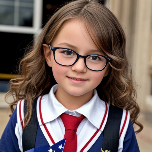 Cute adorable niña Chilindrina glasses con hair lazo curly Blonde con sailor uniforme escolar con zapatos negros escolar con calcetines blancos con Estados Unidos América bandera con desfile con ciudad 1