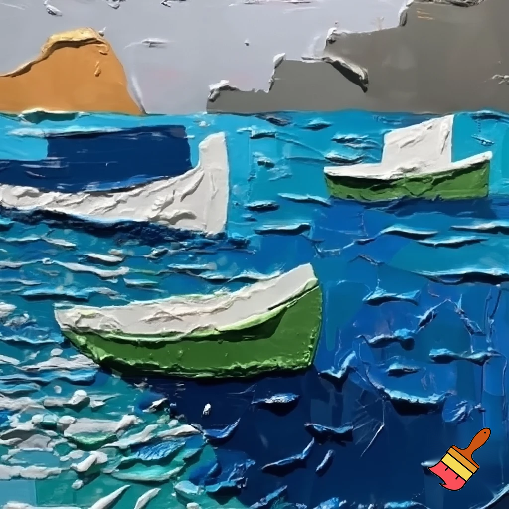 postmodern acrylic painting sea and boats 
