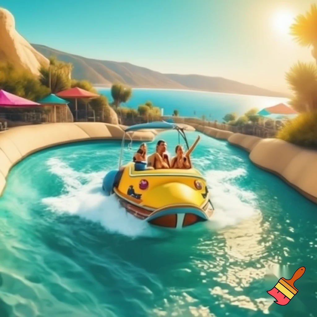 Create a realistic water boat theme park ride inspired in beachy Malibu with a fun vibe. Add path