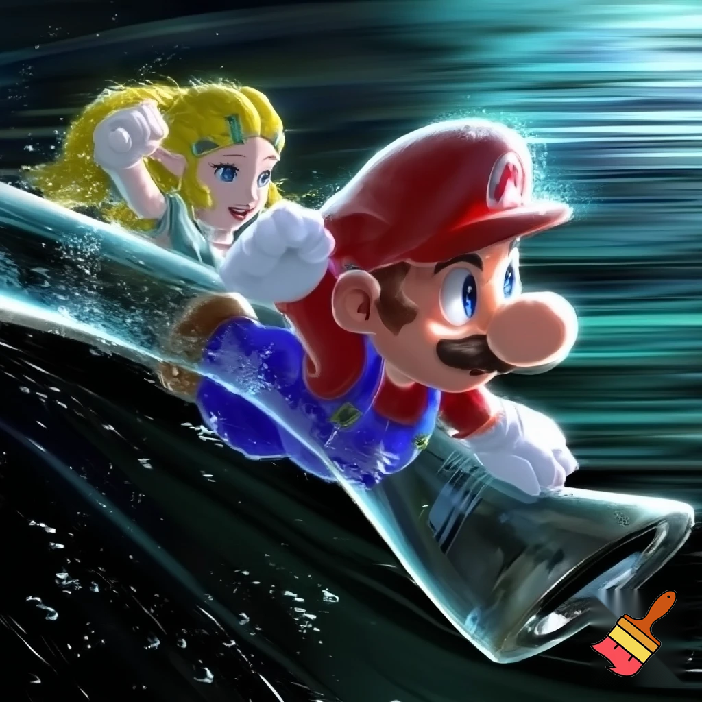 Mario sliding down a metal tube with zelda, the tube is wet