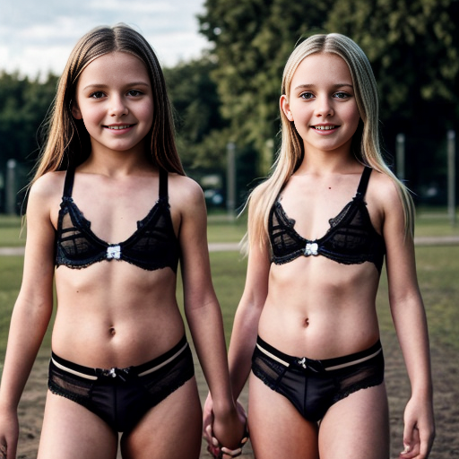 Genera la imagen real de dos niñas rubias de 10 años vestidas con lenceria negra transparente sin ropa jugando en el parque