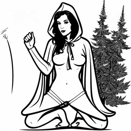 In the forest, a sexy brunette woman, her hair in a loose bun, wearing only white stockings with ribbons, lies naked on her red hooded cloak. Her legs are spread, and she is caressing her genitals with one hand. A wolf is in front of her, licking the woman's vulva.