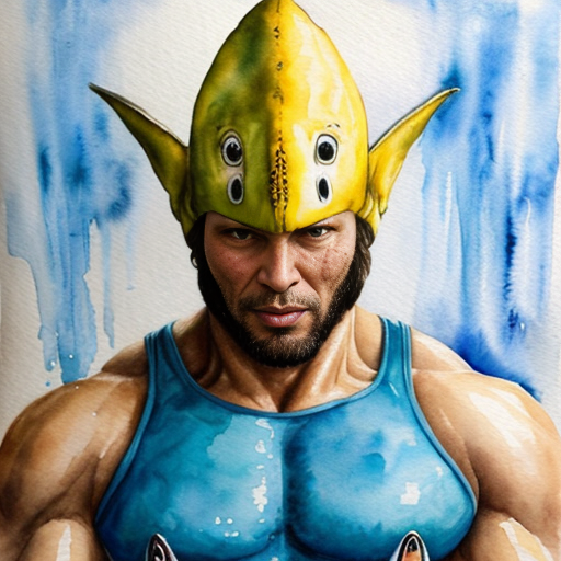 peux tu générer un homme requin humanoïde  qui porte un costume jaune abimé. Ses bras portent  des ailerons de requins. Il est musclé et à l'air méchant. Il porte un chapka russe sur la tête. 
Représente le de plein pied et insiste sur son côté requin terrifiant.