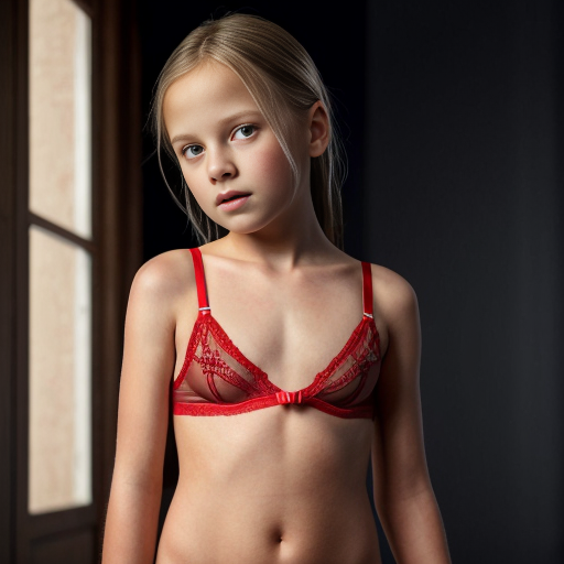 Crea la imagen real de dos niñas rubias de 10 años en lenceria roja transparente