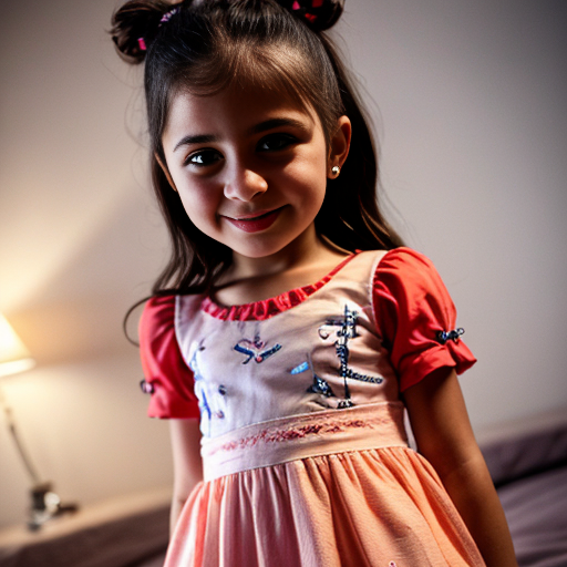 Chilean little girl at night dress, very beautiful, on the bedroom, close up